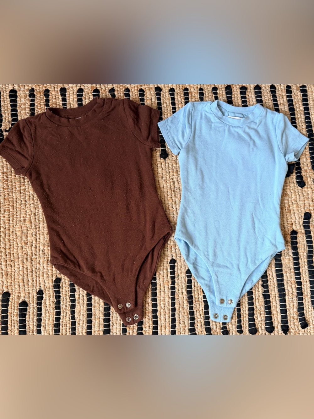 Kids naked wardrobe Short Sleeve One-Piece Bodysuit in Brown and Light Blue.